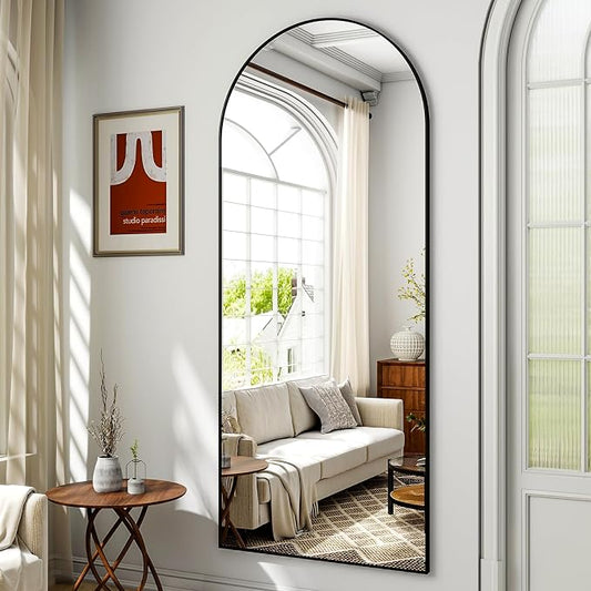 Arched Full Length Mirror 59"x16" Leaning Hanging Decor Black | Standing Body Mirror with Aluminum Frame for Bedroom Cloakroom Living Room Make-up Gift