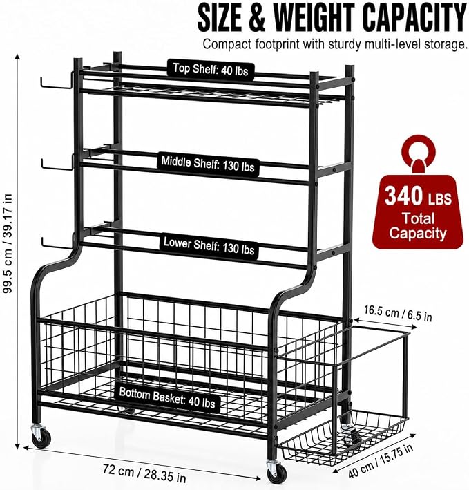 4-Tier Home Gym Storage Rack with Wheels and Hooks, Dumbbell Stand | 340 lbs 4-Tier Dumbbell Rack, Kettlebell Stand and Sports Equipment Organizer for Home Gym, Garage, Apartment