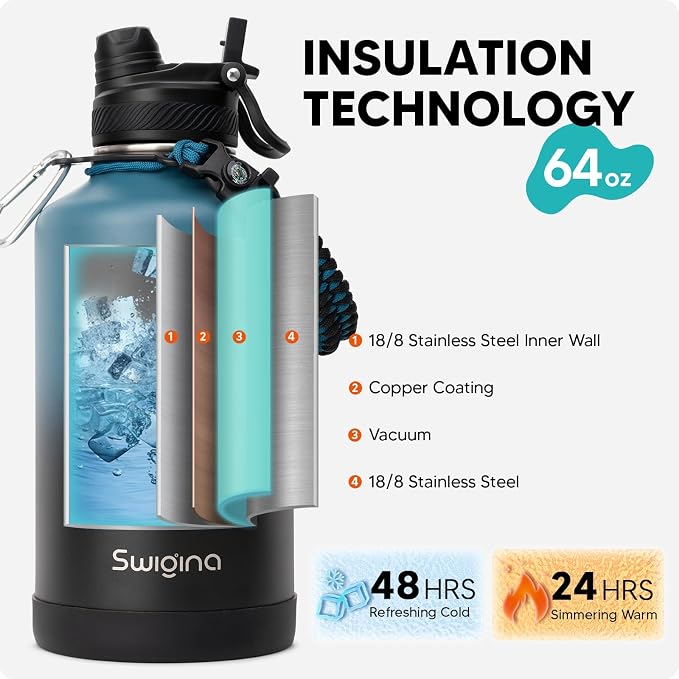 Swigina 64 oz Insulated Water Bottle with Silicone Boot (48hrs Cold/24hrs Hot) - DIY Stickers, Leakproof, BPA Free, Half Gallon [2-IN-1 LID]