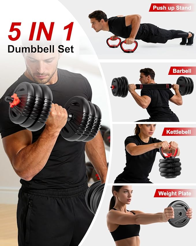 Adjustable Dumbbell set,20/30/45/70/90lbs Free Weight Set | 5 in1 Dumbbell Set with Connector,Used as Barbell,Kettlebells,Push up Stand,Fitness Exercises for Home Gym Suitable Men/Women