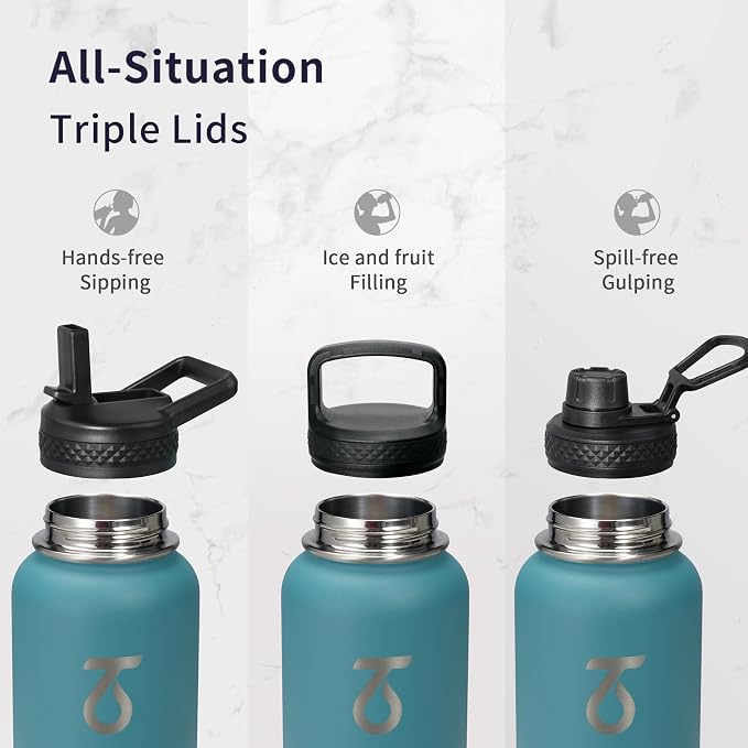 Trebo Insulated Water Bottle 32 oz with 3 Lids, Paracord Handle & Sleeve | Stainless Steel Metal Flask Vacuum, Triple Wall Copper Plated, Dishwasher Safe, Cold 48Hrs for Trail, Hiking, Wide Mouth