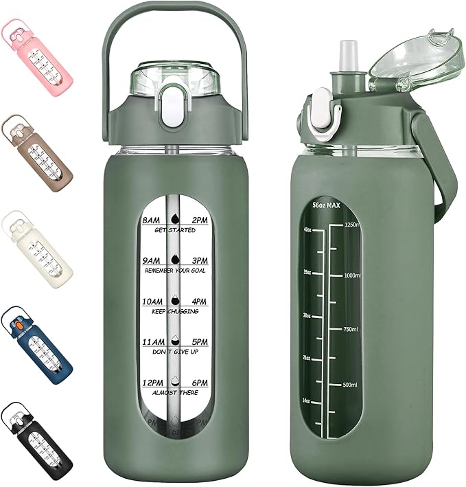 56oz Glass Water Bottles with Straw, Motivational Glass Bottle with Silicone Sleeve and Time Marker, Leakproof Large Glass Water Jug for Gym Home Office,Olive