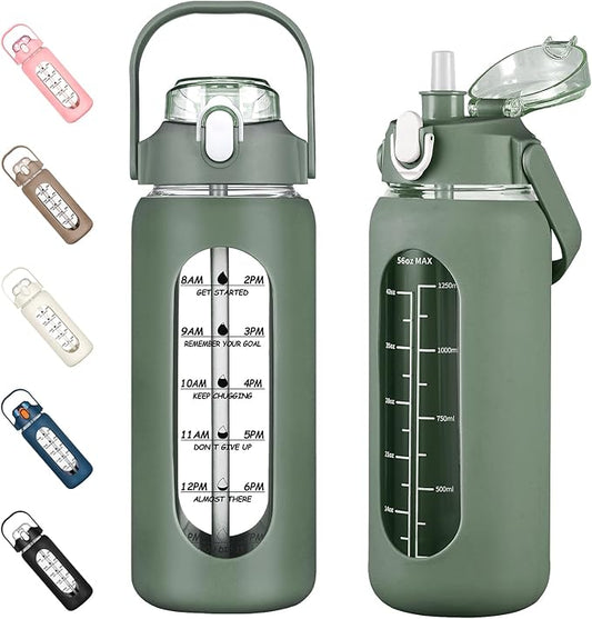 56oz Glass Water Bottles with Straw, Motivational Glass Bottle with Silicone Sleeve and Time Marker, Leakproof Large Glass Water Jug for Gym Home Office,Olive