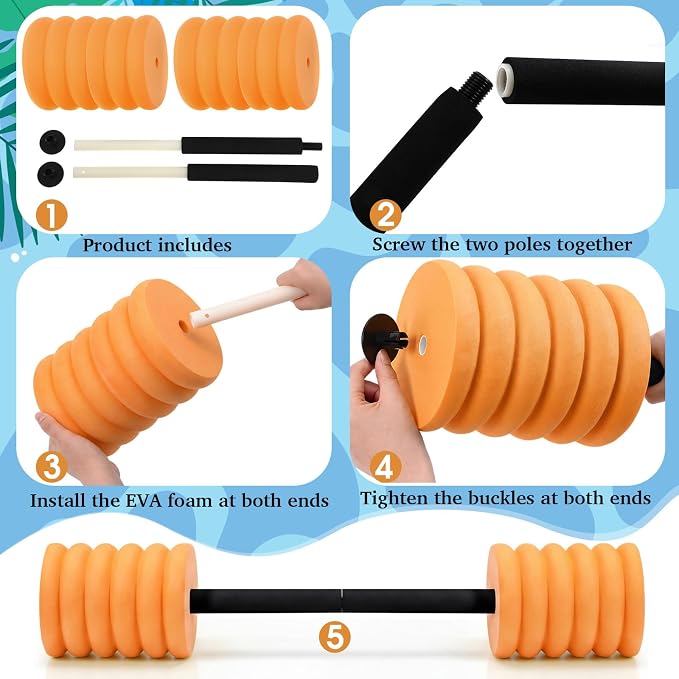 Soulchen Long Aquatic Exercise Dumbbells Pool Exercise Foam Water Weights Dumbbell Aquatic Pool Barbells with High Density EVA Foam for Swim Water Aerobics Workouts Loss