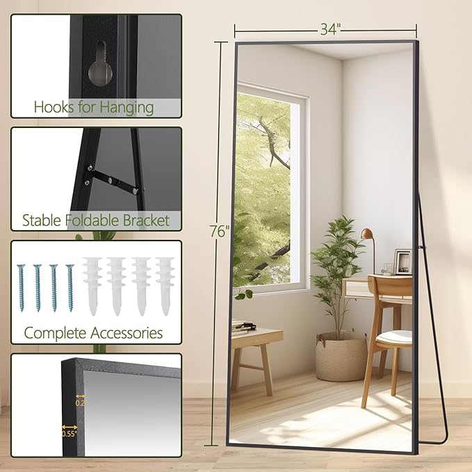 MELOMOIR 76"x34" Large Mirror Full Length, Oversized Floor Mirror Full Length for Bedroom Living Room Cloakroom Gym, Hanging Standing or Leaning Full Body Mirror with Stand, Black Aluminum Alloy Frame