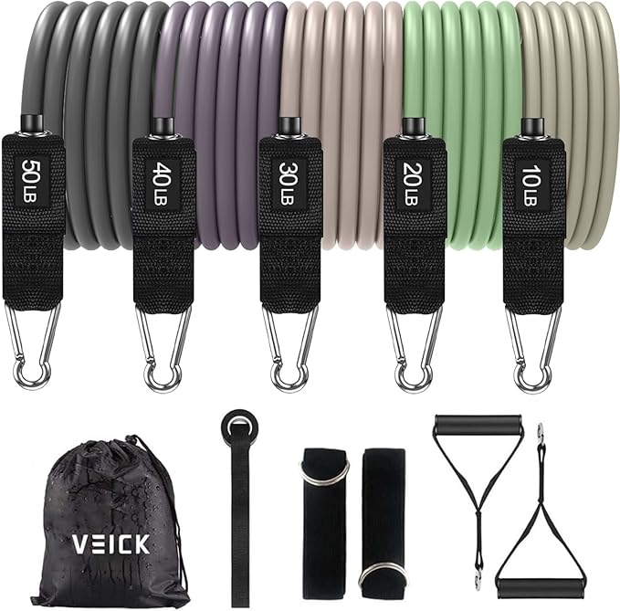 VEICK 10-150LBS Resistance Bands with Handles, Ankle Straps, Door Anchor | Accredited Lab Certified, 100% Natural Latex, Versatile for Yoga, Pilates, Strength, Home Gym