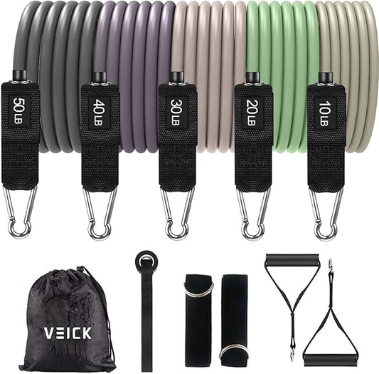VEICK 10-150LBS Resistance Bands with Handles, Ankle Straps, Door Anchor | Accredited Lab Certified, 100% Natural Latex, Versatile for Yoga, Pilates, Strength, Home Gym
