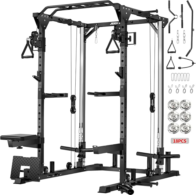 JEEKEE Power Cage with Cable Crossover System, 2000LB Multi-Function Power Rack with Independent Dual Pulleys, LAT Pulldown Seat Cushion, 20+ Attachments Squat Rack for Home Gym Workout,Black