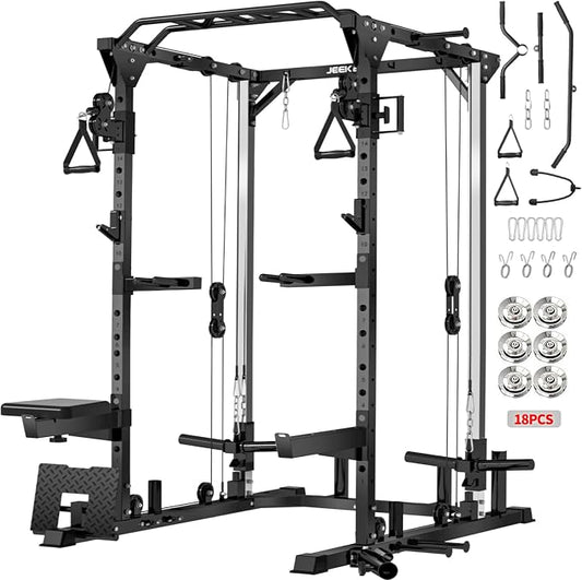 JEEKEE Power Cage with Cable Crossover System, 2000LB Multi-Function Power Rack with Independent Dual Pulleys, LAT Pulldown Seat Cushion, 20+ Attachments Squat Rack for Home Gym Workout,Black