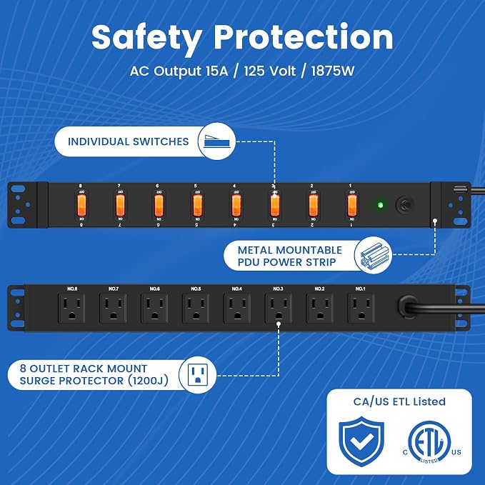 JUNNUJ PDU Rack Mount Power Strip, Heavy Duty 12 Gauge Cord, 6FT, 1 | 8 Outlets Individual Switches, Metal, Server Mountable Surge Protector.