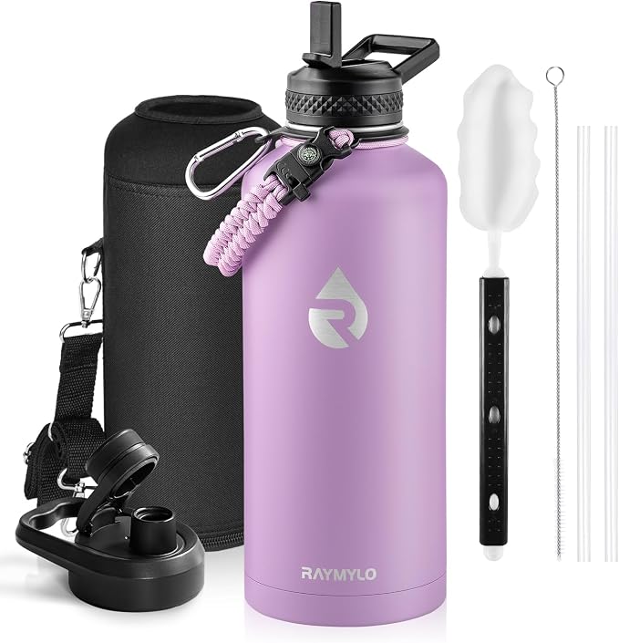 RAYMYLO Insulated Water Bottle 87 oz, Triple Wall Vacuum Stainless Steel | Cold for 48 Hrs), Leak Proof & Non-BPA, Modern Water Flask Jug with Paracord Handle & Straw Spout Lids, Light Purple