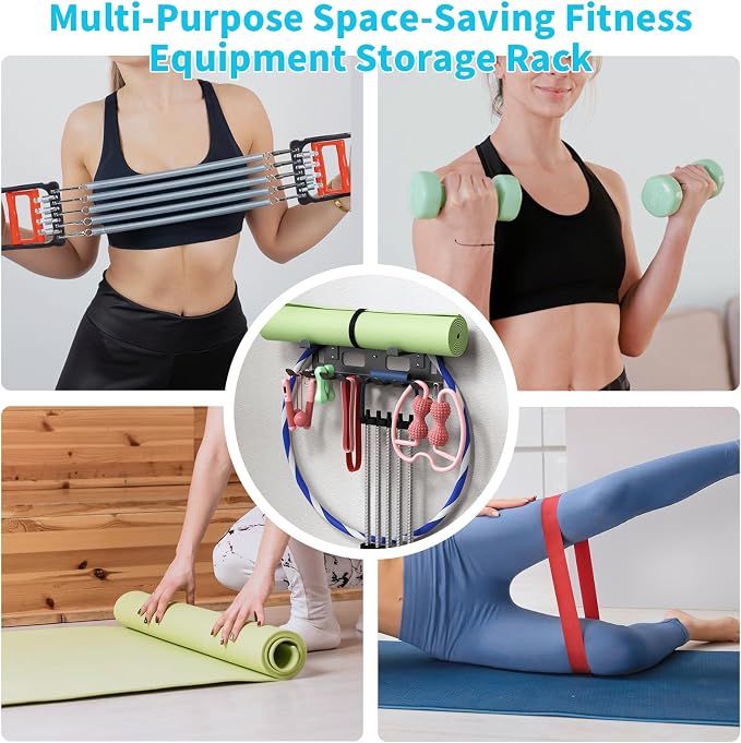 KHAMAL Multi-Purpose Gym Equipment Storage Rack for Resistance Bands - Gym Wall Storage for Exercise Bands, Yoga mat, Jump Ropes, Weight Belts, Straps, Hula Hoop (Black White)