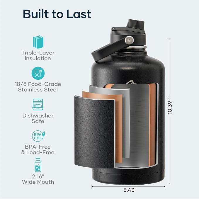 BUZIO 87oz Insulated Water Bottle Triple Wall Vacuum Stainless Steel | Half Gallon Water Jug with Straw Spout Lids (Cold for 48 Hrs/Hot for 24 Hrs), Dishwasher Safe, Leakproof, Non-BPA,for Travel
