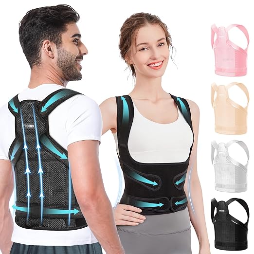 Fit Geno Posture Corrector for Women & Men, Adjustable Upper Back Brace | 4 fiberglass stays with breathable mesh gently pull your shoulders back to correct rounded posture and ease upper back strain