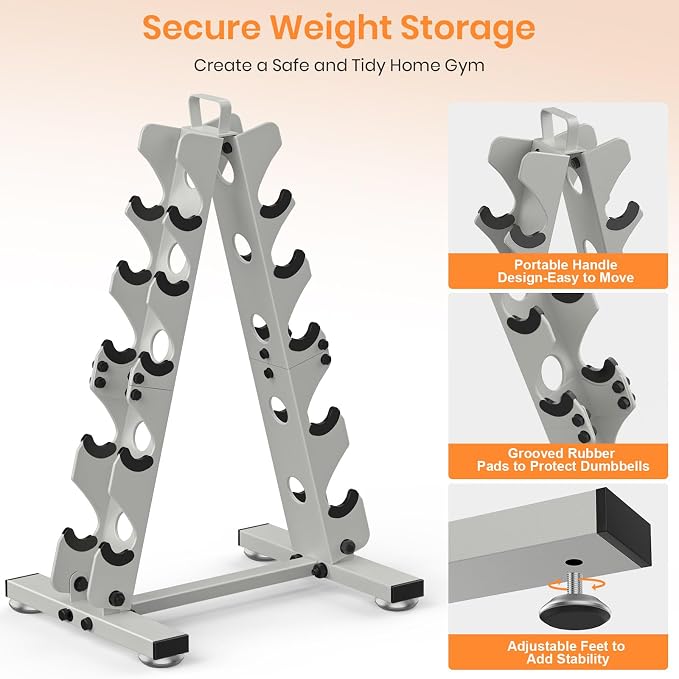 TomCare 6-Tier|5-Tier|4-Tier|2-Tier Dumbbell Rack Stand Only for Home Gym | Stable A-Frame, Fits 5–35 lb Dumbbells, Protective Padded Cradles, Adjustable Feet, Easy-Carry Handle (Stand Only)