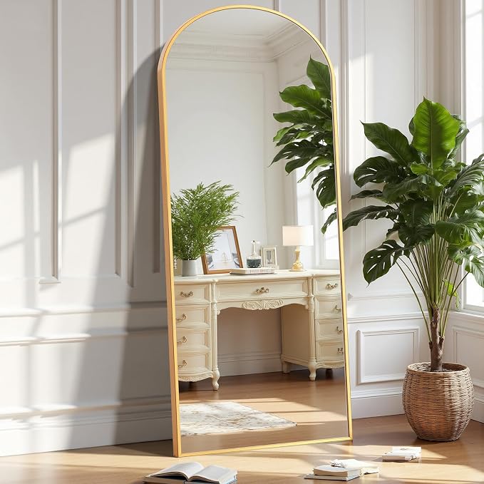 OLIXIS Arched Full Length Mirror, 58"x19" Full Body Mirror | Mirrors with Stand, Hanging or Leaning for Wall, Aluminum Alloy Thin Frame Floor Standing for Living Room, Long, Gold