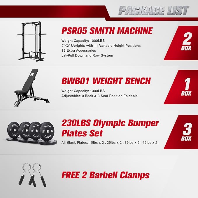 RitFit Smith Machine Power Rack with LAT-Pull Down System | Half Smith Machine with Landmine, Barbell Bar, Plate Storage Pegs and More Training Attachment