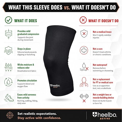 Heelbo Knee Compression Sleeve with Copper Infused Fibers and Breathable Fabric for Knee Pain Relief, Knee Support, Sore Muscles and Joints for Running, Jogging, Hiking or Arthritis, Black, Small
