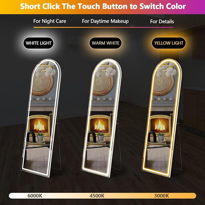 Sweetcrispy 63"x20" LED Mirror Full Length with Stand, Lighted Floor Mirror, w/Dimming & 3 Color Lighting, White