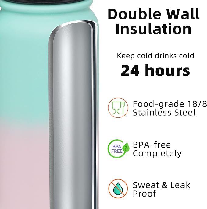 Fanhaw 20 oz Insulated Stainless Steel Water Bottle with Anti-Dust Chug Lid, Leakproof Vacuum Metal Everyday Use Bottle for Kids, Teens & Adults, Back to School Essentials (Green Pink)