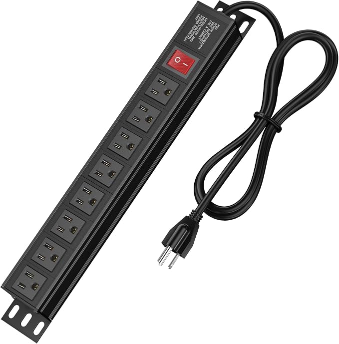 Heavy Duty Power Strip,8 Outlet Metal Power Strips Wall Mount, 1.6 inch Wide Spaced Industrial Surge Protector, Garage Outlet for Shop Workshop Power Strip with Switch & 6 FT Extension Cord, 300J