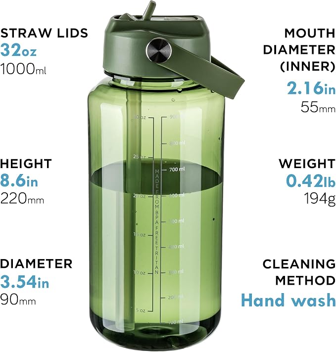 OLDLEY 32oz Water Bottle with Straw,Leakproof Tritan Clear Bottle with Marked Bottle and Carry Handle, BPA-Free Wide Mouth Reusable Sports Bottle for Gym,Hiking,Camping,Travel,Workout,Army Green