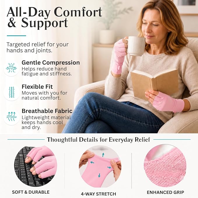 Vive Arthritis Gloves - Men, Women Rheumatoid Compression Hand Glove | Osteoarthritis- Arthritic Joint Pain Relief - Carpal Tunnel Wrist Support - Open Finger, Fingerless Thumb for Computer Typing