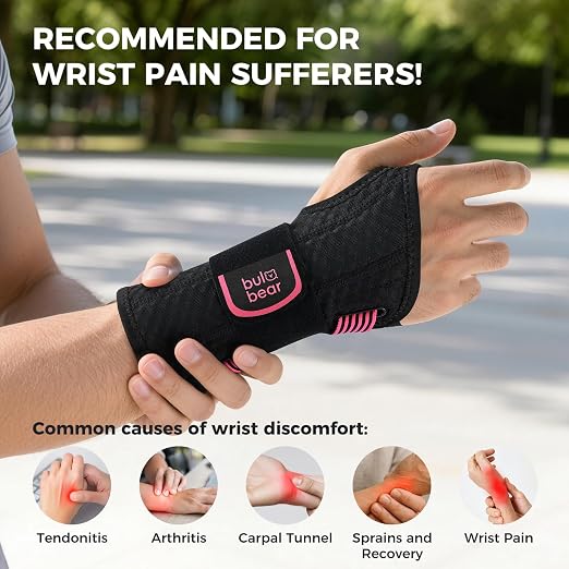 Carpal Tunnel Wrist Brace with Removable Splints, Breathable Wrist Support for Men & Women, Night & Work Support, Pain Relief, Tendonitis, Sprain, Rigid Hand Brace for Arthritis, Right Hand (L/XL, Black/Pink)