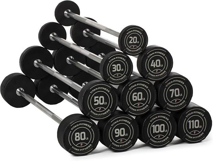 Titan Fitness Rubber Curl Fixed Barbells, Pre-Loaded Weight Bar for Strength Training & Weightlifting