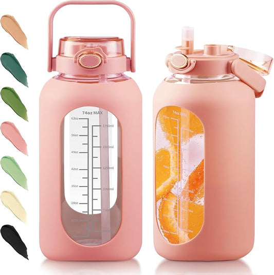 74oz Glass Water Bottle with 2-in-1 Straw Lid Large Gallon Water Bottle with Time Marker & Removable Silicone Sleeve,Wide Mouth BPA-Free Borosilicate Bottle for Gym, Workout & Daily Use