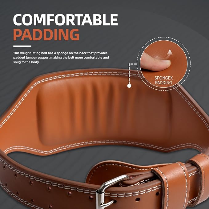 Genuine Leather Weight Lifting Belt, 4”& 6” Padded Lumbar Back Support, 10 Adjustable Holes, Gym Weight Belt Ideal for Deadlift, Powerlifting, Bodybuilding and Squat