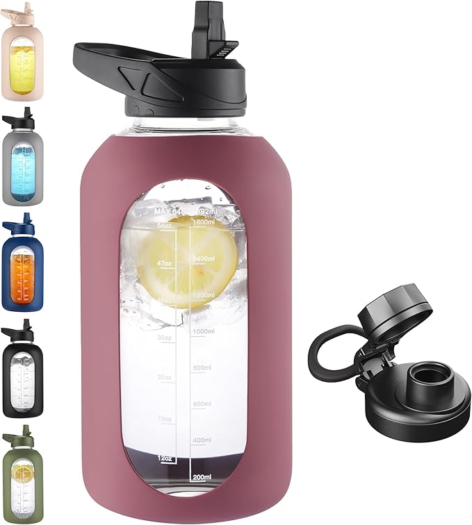 CIVAGO 64 oz Glass Water Bottle with Straw, Half Gallon Large Water Jug | Motivational, Time Marker, Leakproof Lids, Wide Mouth, Flask Cup with Handle and Silicone Sleeve, for Juices, Rose Taupe