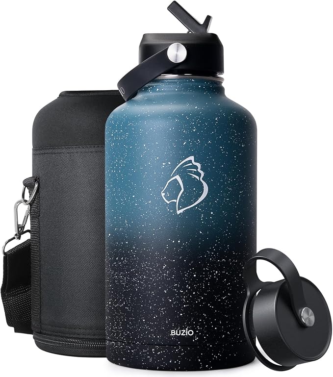 BUZIO 64 oz Insulated Stainless Steel Water Bottle with Dust-proof Lids | Half Gallon Water Jug (Dishwasher Safe), Cold for 48 Hrs, Triple Wall with Copper Plating, for Gym, Hiking, Camping, Black