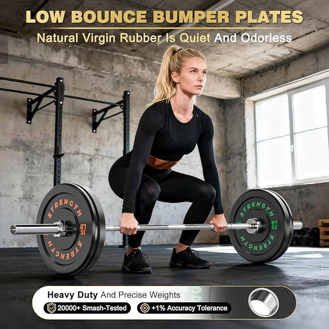 Rendpas 2-Inch Olympic Bumper Plates, 100% Virgin Rubber Low Bounce Barbell Weight for Home Gym Strength Training, 10lb-45lb Black with Color-Coded