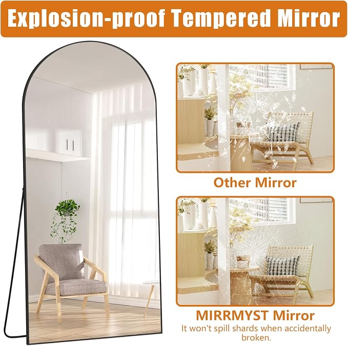 Arched Full Length Mirror, 76"x34" Oversized Floor Mirror, Black | Free Standing, Tempered Glass, for Bedroom Living Room Gym, Leaning Wall, Hanging