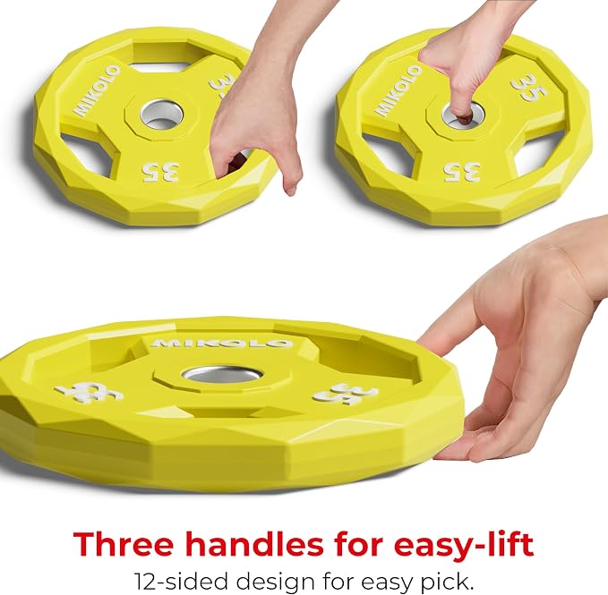 Mikolo Olympic Weights Set 2-Inch Rubber Coated Plates, 12-Sided Non-Roll Weight Plates Grip with 3 Handles for Home Gym, Strength Training, Single, Pair and Sets(5/10/15/25/35/45 LB)