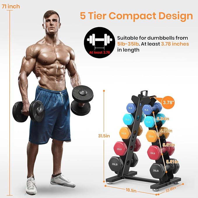 TomCare 6-Tier|5-Tier|4-Tier|2-Tier Dumbbell Rack Stand Only for Home Gym | Stable A-Frame, Fits 5–35 lb Dumbbells, Protective Padded Cradles, Adjustable Feet, Easy-Carry Handle (Stand Only)