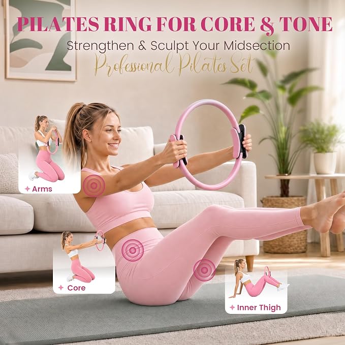 Pilates Kit for Women, At Home Equipment Set with Pilates Ring, 2 Yoga Blocks, Mini Exercise Ball, Resistance Bands, Sliding Discs, Stretch Strap for Full Body Workout