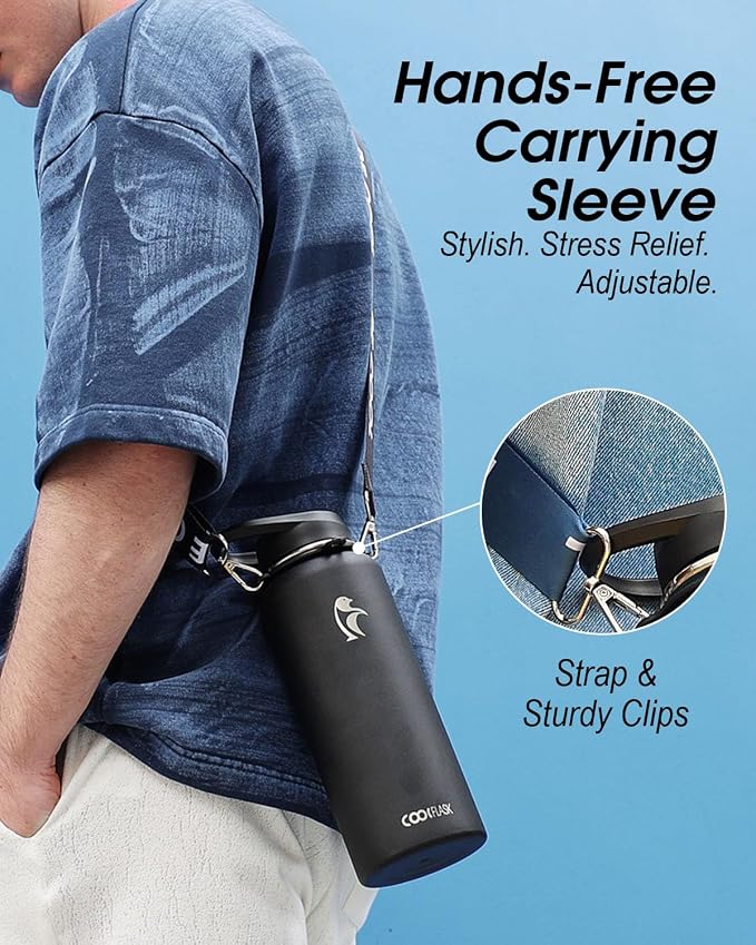 Coolflask 40 oz Water Bottle Insulated Stainless Steel with Strap | Metal Water Flask with Straw & Spout Lids, Triple-Wall, Cold 48+h, Dishwasher Safe, Leakproof, BPA-Free, for Gym & Hiking