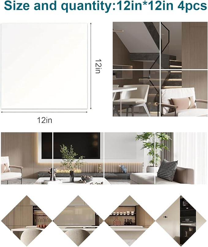 Wall Mirrors 12 x 12 Inch 4 Pack, Acrylic Mirror Tiles, Frameless Shatterproof Mirrors for Wall, Full Length Body Mirror for Bedroom, Home Gym, Door
