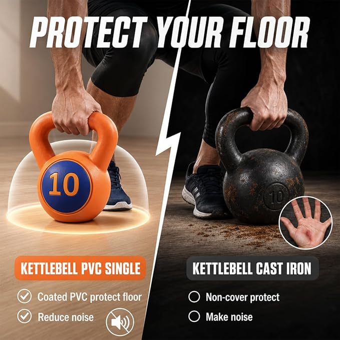 Single Kettlebells, Coated Cast Iron Kettlebell Weights with Wide Grip Handle & Flat Bottom, Strength Training Equipment for Swings, Squats, Deadlifts, Push-Ups & Home Gym Workouts