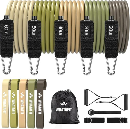 WHATAFIT Resistance Bands with Handles, 5-Level Exercise Bands for Workout | Natural latex,10-50 lbs, stackable to 150,Ankle Straps, Door Anchor,Guide. For Strength, Yoga,Home Gym,Travel & Workout.