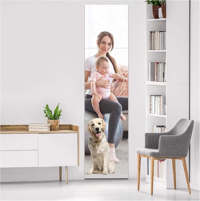 EVENLIVE Large Full Length Home Gym Mirror Tiles 4-Pack 14 Inch | Glass frameless self-adhesive mirror tiles for wall mirror mounted. Home gym accessory, door, bedroom. Easy stick on