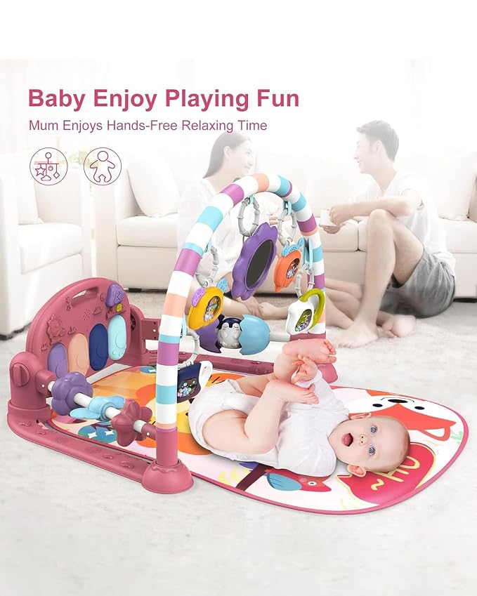 dearlomum Pink Lion Theme Baby Play Mat Gym with Kick & Play Piano | Tummy Time Activity Mat with 5 Infant Sensory Toys, Music and Lights, Boy & Girl Gifts for Newborns 0 to 3 6 9 12 Months