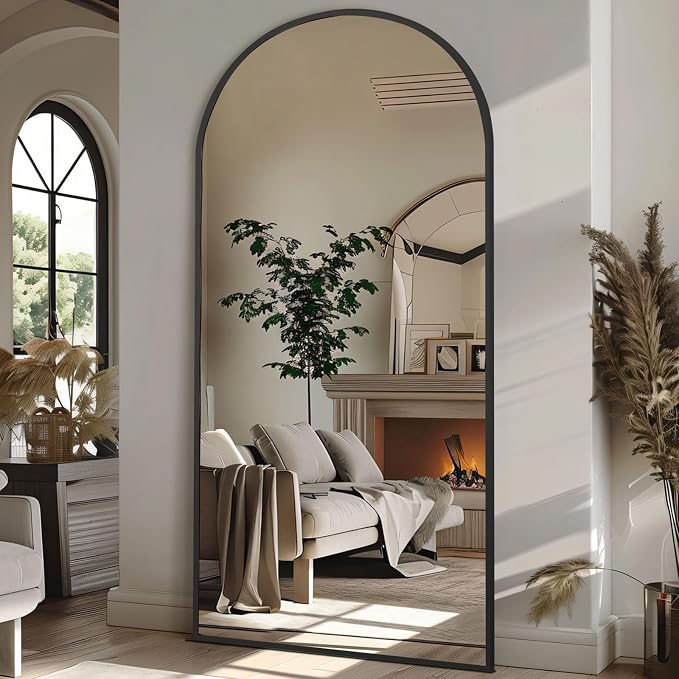 76"x34" Large Arched Floor Mirror Full Length with Stand, Black | Vertically Wall‑Mountable, Freestanding or Wall‑Leaning, for Bedroom Living Room Gym, Tempered Glass, Aluminum Alloy Frame