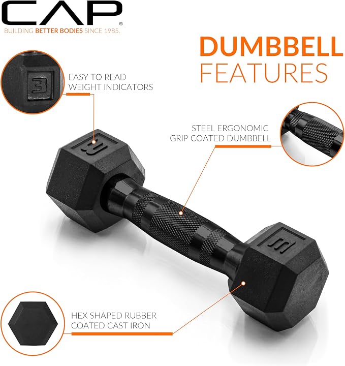 CAP Rubber Coated Dumbbell Weights, Free Weights for Home Gym Strength Training, Anti-Roll Hex Dumbbells with Black, Chrome & Comfort Grip Handles, Pairs & Sets
