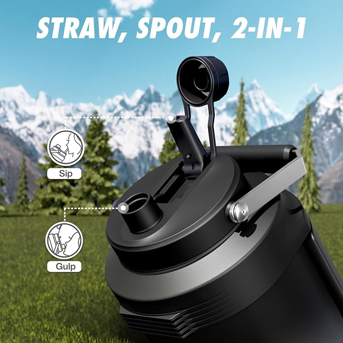 POWCAN 128 oz Insulated Water Bottle: 2-in-1 Straw Spout Lid, Dual Handle, Leakproof, Keep Cold 48H, Gallon Stainless Steel Water Jug for Camping, Travel, Gym, Hydration, Fitness, Daily (Obsidian)