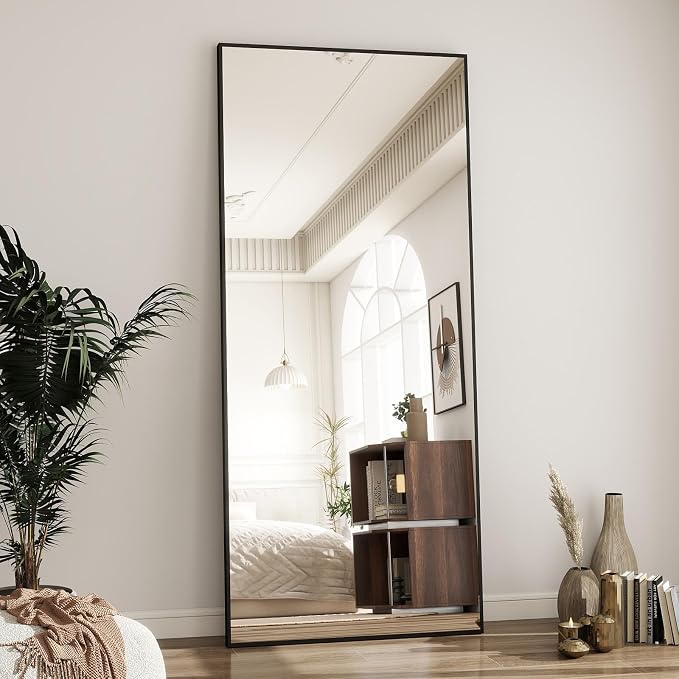 BEAUTYPEAK Full Length Mirror with Stand, 65"x24" Floor Mirror | ShatterVue Tempered Full Body Mirrors with Aluminum Alloy Thin Frame, Standing or Wall-Mounted Mirrors for Living Room, Black