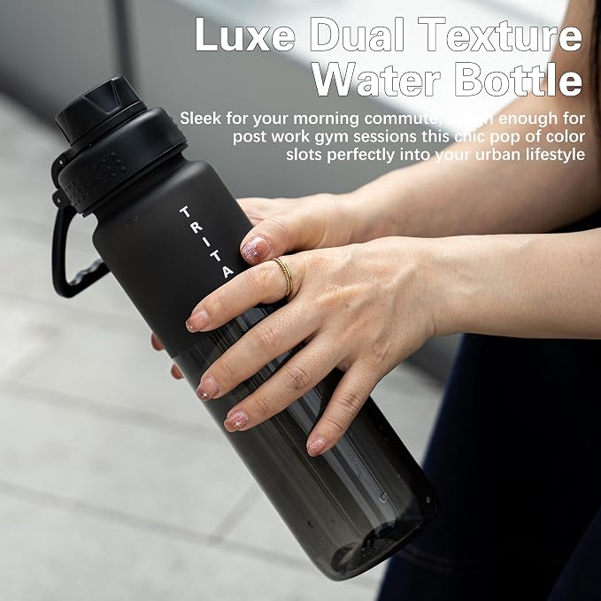 OLDLEY 32 oz Water Bottle with Handle, BPA-Free Tritan Reusable Sports Water Bottle with Leak-Proof Dust Lid, Wide Mouth, Cup Holder Friendly, Half Frosted Clear Bottle for Gym, Travel, Work,Black