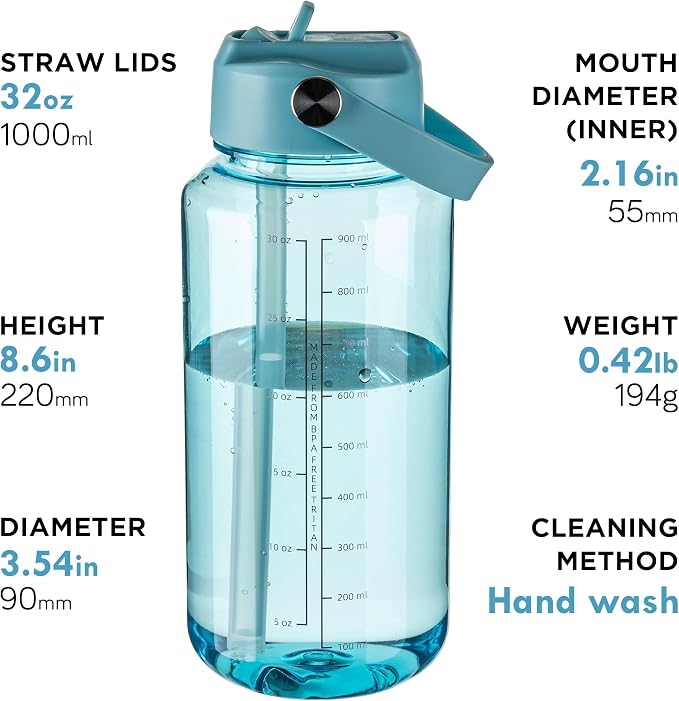 OLDLEY 32oz Water Bottle with Straw,Leakproof Tritan Clear Bottle with Marked Bottle and Carry Handle, BPA-Free Wide Mouth Reusable Sports Water Bottle for Gym,Hiking, Camping,Travel,Workout,Surfer